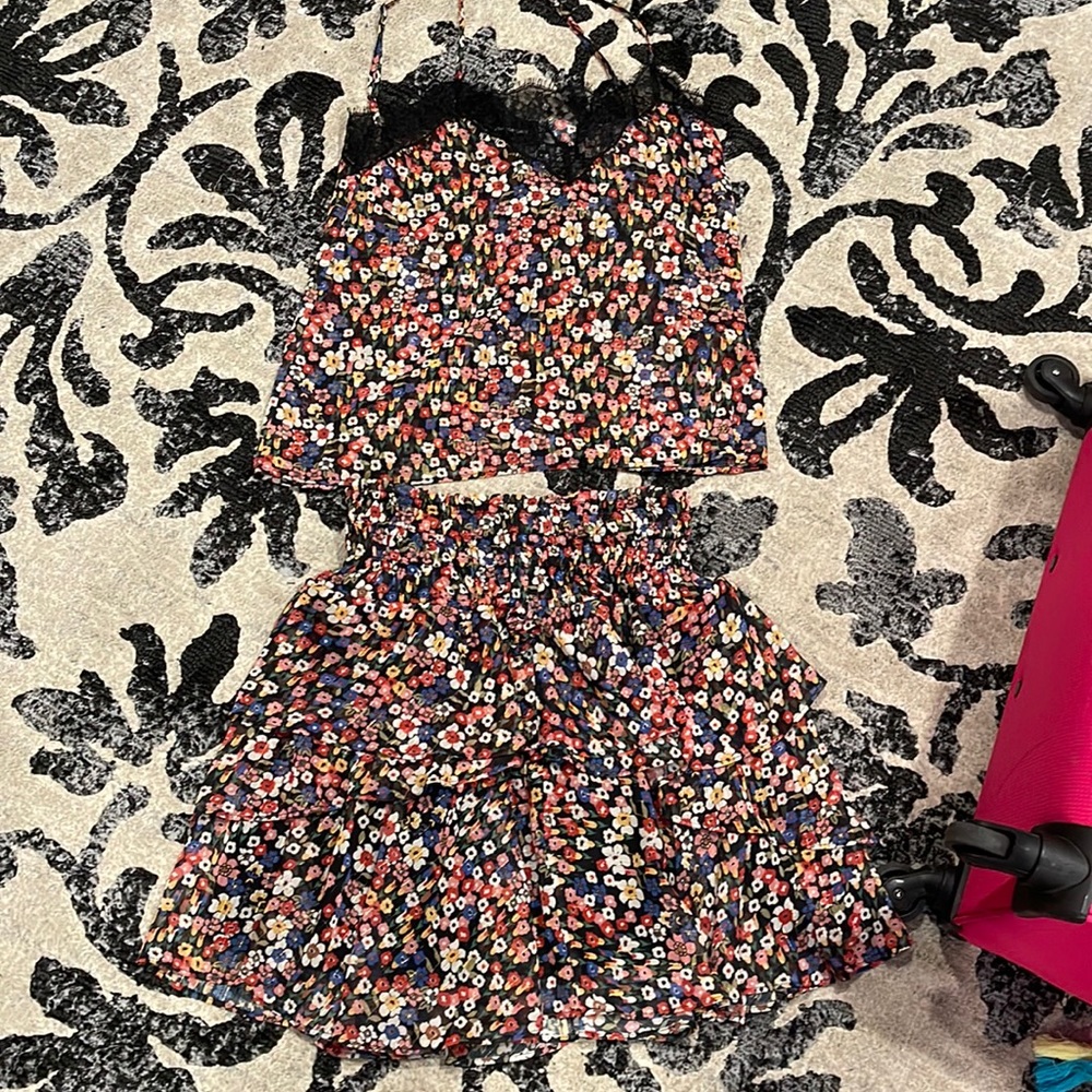 The kooples silk floral skirt and top size small & xxs